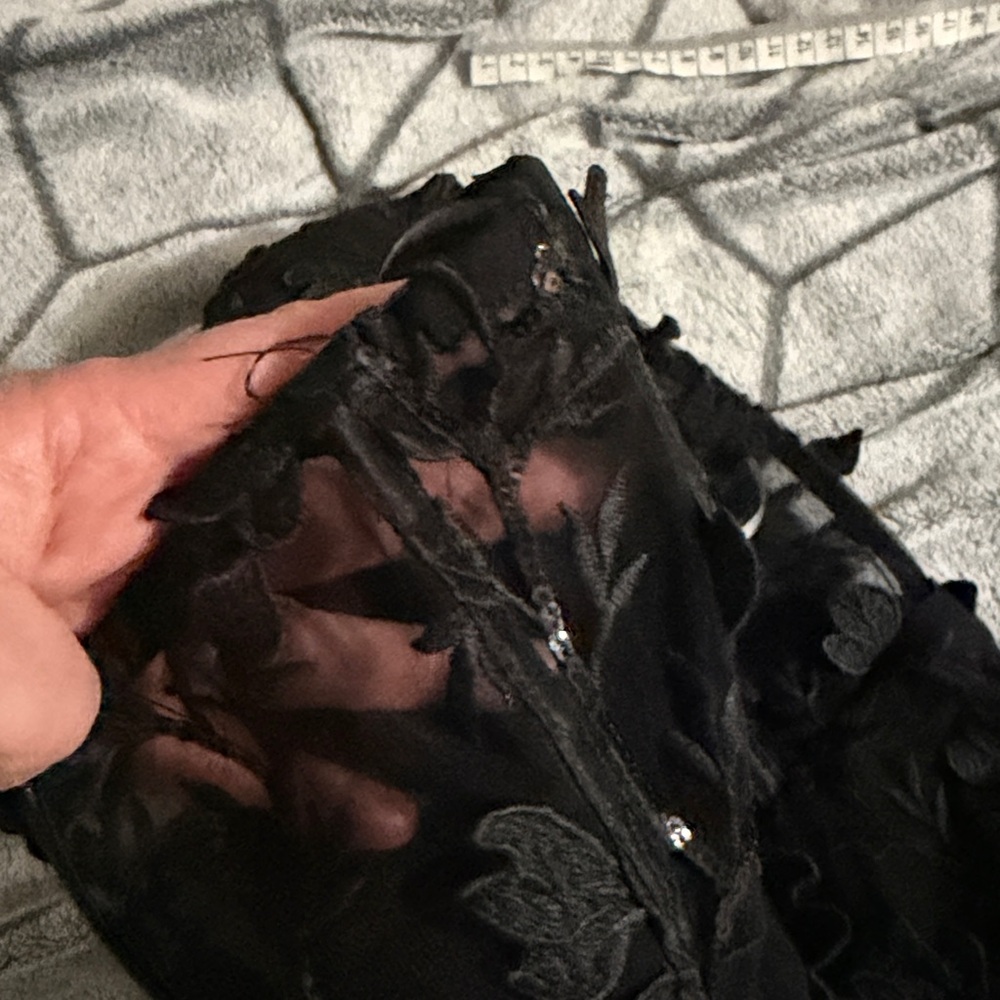 MIDNIGHT SPARKLE BLACK EMBROIDERED FEATHER BUSTIER MAXI DRESS - Picture 9 of 10